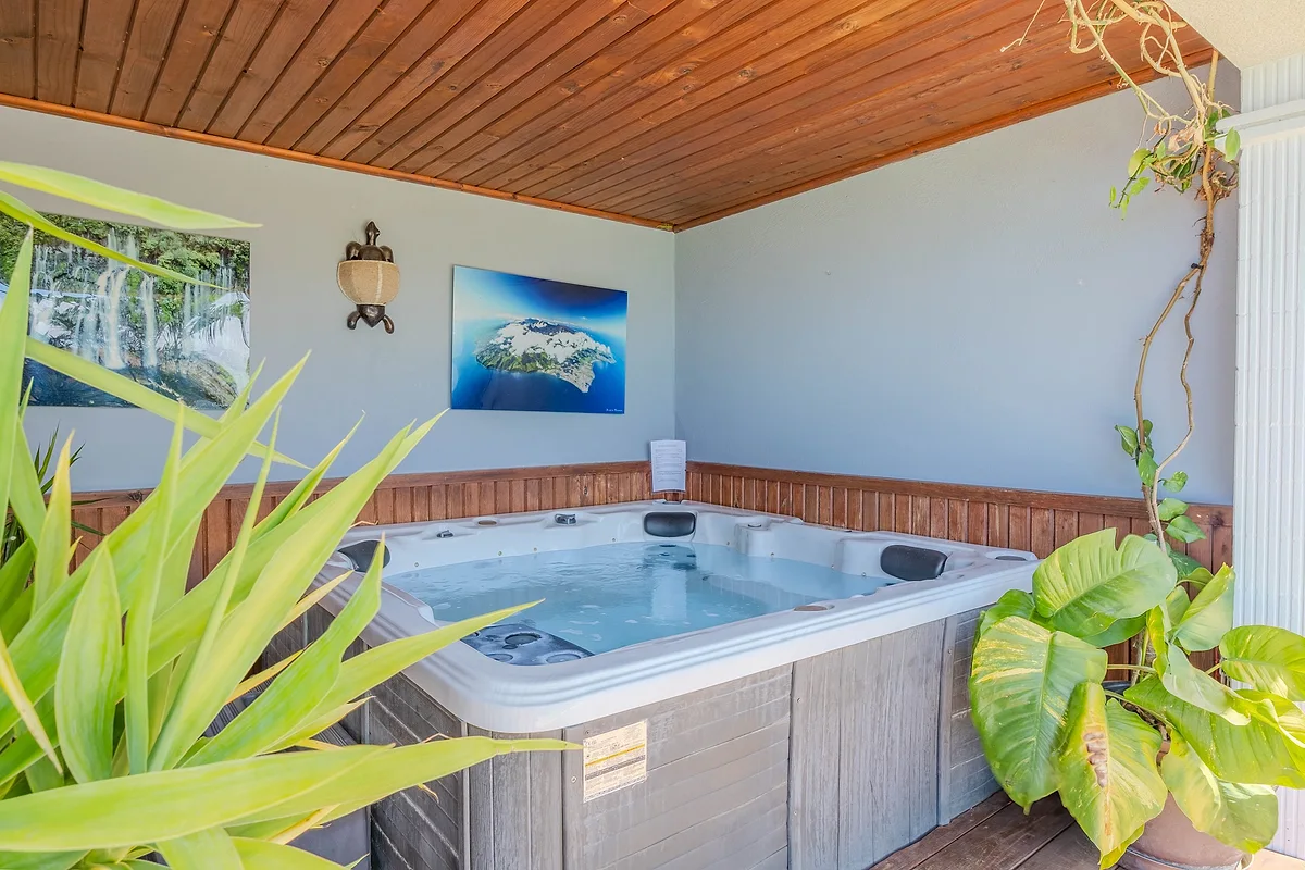 Le jacuzzi sous son abri, entouré de plantes