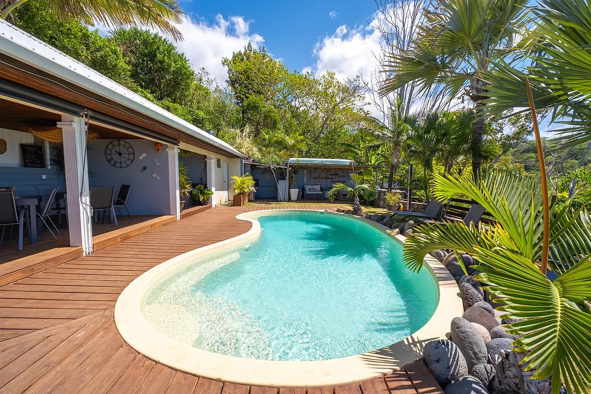 La piscine en forme de haricot, sa terrasse en bois et les palmiers