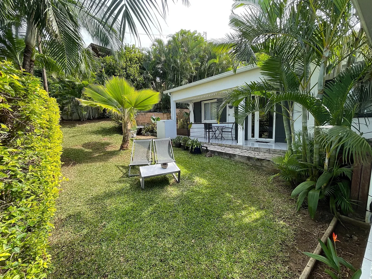 Le jardinet privatif du studio Pitaya, sa pelouse et ses plantes